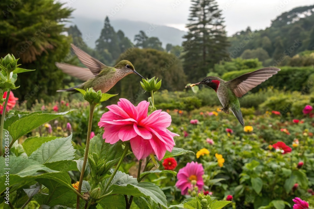 Naklejka premium Hummingbirds Feed on Flowers in a Garden During Morning Hours