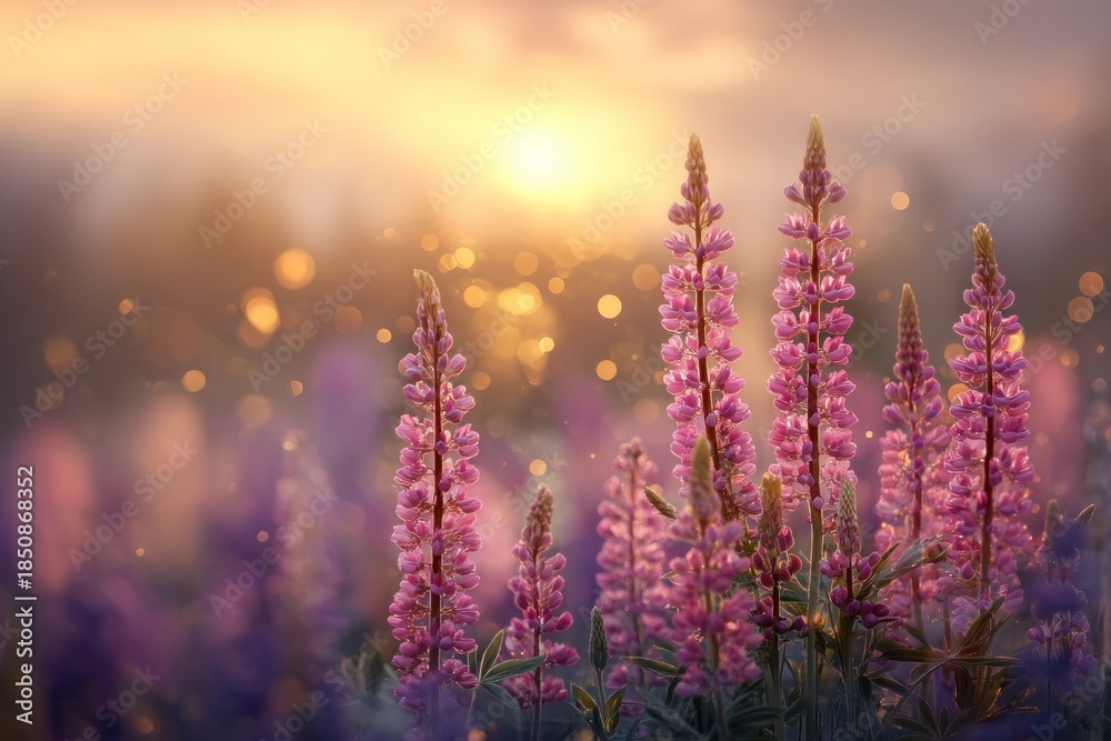 Obraz premium Pink lupine flowers in a field at sunset