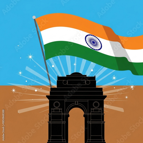 India Gate and Flag: A patriotic depiction of India's iconic landmark, the India Gate, proudly framed by the nation's tricolor flag waving against a clear sky, symbolizing the spirit of India.