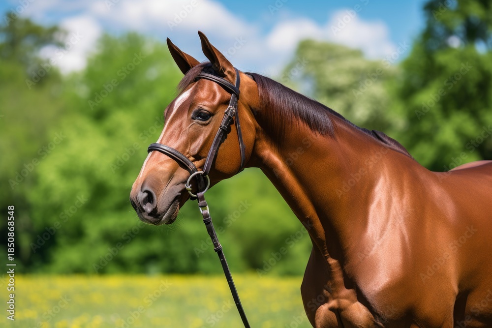Obraz premium Beautiful chestnut horse wearing a bridle standing in a green field with yellow flowers on a sunny day