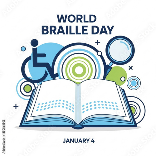 World Braille Day: Celebrating literacy for all with a vibrant, inclusive illustration. The image showcases an open book with the words World Braille Day above and January 4 below.