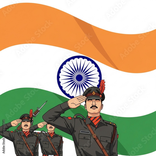 Tribute in Uniform: Soldiers in impeccable uniforms salute, a symbol of national pride, under the majestic tricolor flag, celebrating patriotism and bravery. 