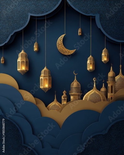 Celestial Celebration: Illuminated lanterns and a crescent moon cast a warm glow over mosque silhouettes, crafting an atmosphere of serenity and faith, creating a stunning visual narrative.