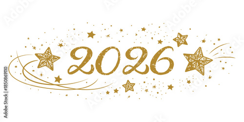 Golden 2026 New Year celebration with stars and confetti