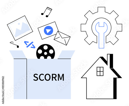 eLearning, SCORM integration, online education, home study, content creation, digital tools. Open box with SCORM label, multimedia icons gear house. eLearning and SCORM integration concept