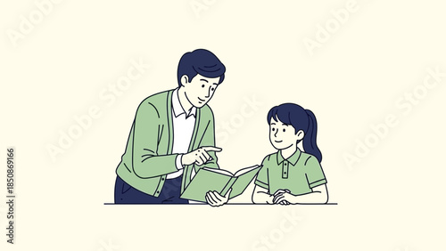 Illustration of a teacher advising and guiding a young student during her studies in a classroom