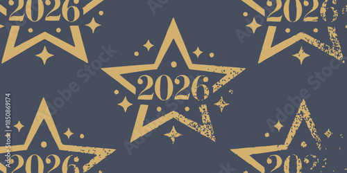 Golden stars with 2026 on dark blue background for New Year's Eve