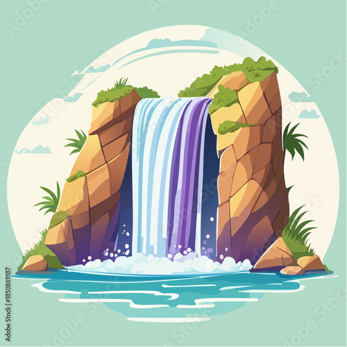 Cartoon illustration of a waterfall cascading between rocky cliffs into a pool of water.