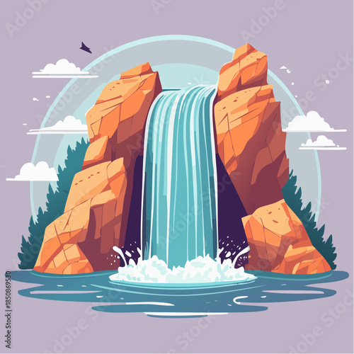 Illustration of a waterfall cascading between rocky cliffs into a pool of water, with trees and clouds.