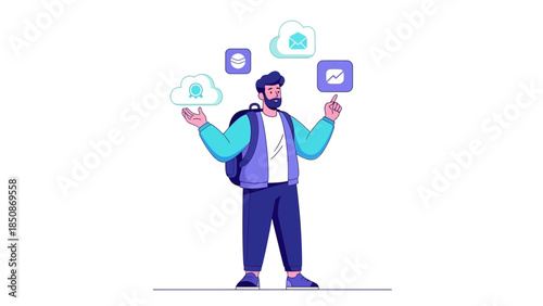 illustration of a man with a backpack engaging with digital communication icons representing