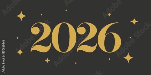 Golden 2026 typography with sparkles on dark background