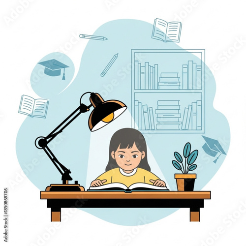 Dedicated Study: A young student, illuminated by a desk lamp, delves into the pages of a book, surrounded by symbolic elements of knowledge and learning.