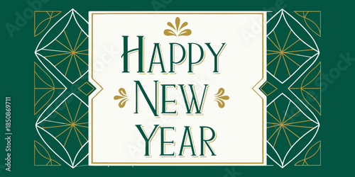 Elegant Happy New Year card with gold accents and green text