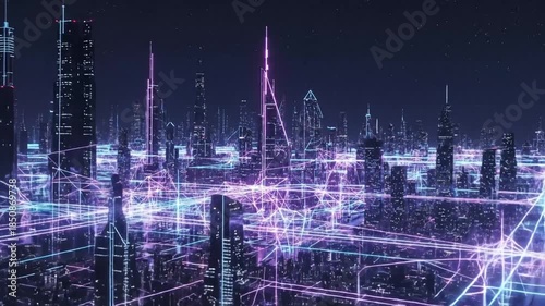 Futuristic Cityscape with Glowing Lines and Skyscrapers - Abstract Urban Animation