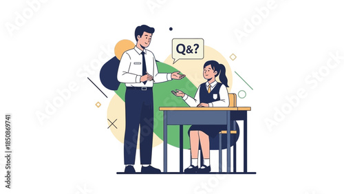 Educational setting with teacher and student engaged in a Q&A session during class or exam