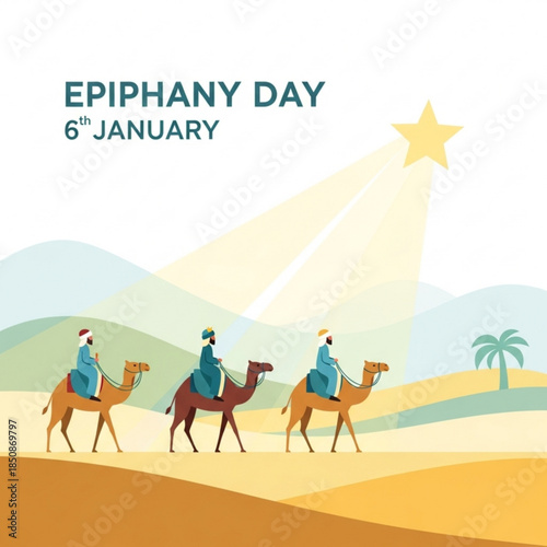 Journey of the Wise: Three wise figures journey on camels across the desert landscape under the guiding light of a star, commemorating the Epiphany Day.