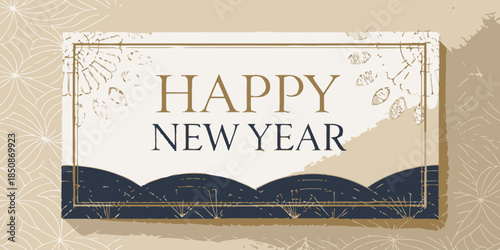 Elegant Happy New Year card with gold and navy blue design