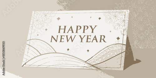 Elegant Happy New Year card with floral designs and gold text
