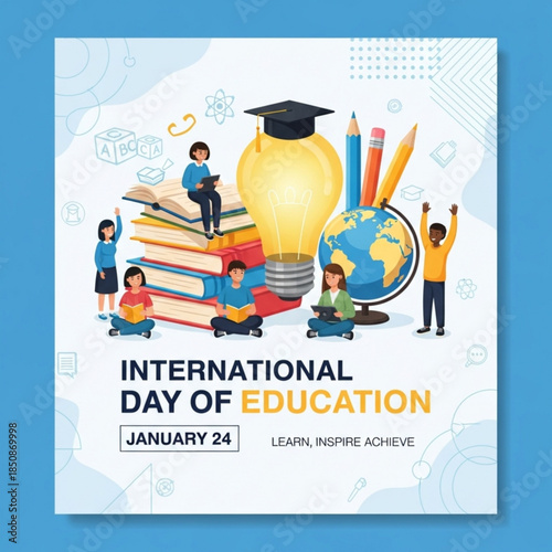 World Education Day: Inspiring education with the symbol of the globe and students in different nationalities and races celebrating the International Day of Education