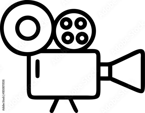 This image is a black-and-white icon of a vintage rangefinder-style camera with a circular lens or film reel element on the right side.