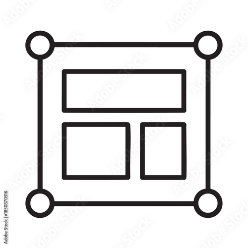 A black and white outline of a grid layout with four rectangular sections and circular connectors is displayed