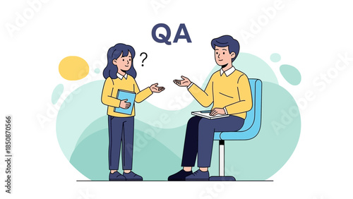 Illustration of a Question and Answer Session Between a Young Girl and a Man in an Office Setting
