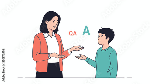 Illustration of a quality assurance specialist conducting a review with a young team member