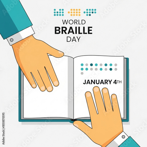 World Braille Day: A symbolic representation of accessible literature, featuring two hands gently opening a book written in Braille, promoting literacy and inclusivity for the visually impaired.