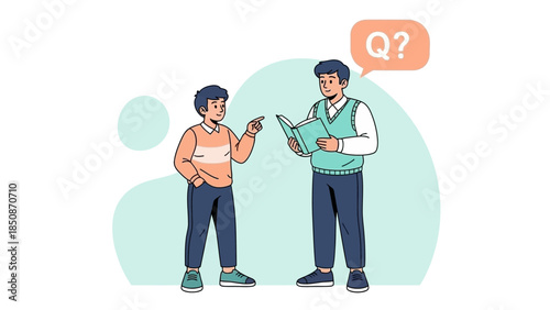 illustration of students discussing with teacher about questions and learning in classroom