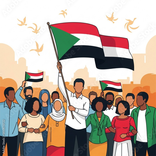 Unified Sudan: A diverse group of people from Sudan, united under their nation's flag, marches forward. expressing the spirit of unity, freedom, and national pride.