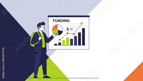 business person presenting funding growth chart in a modern digital presentation setting