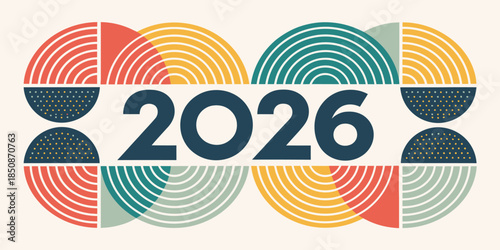 Vibrant 2026 graphic design with colorful geometric patterns