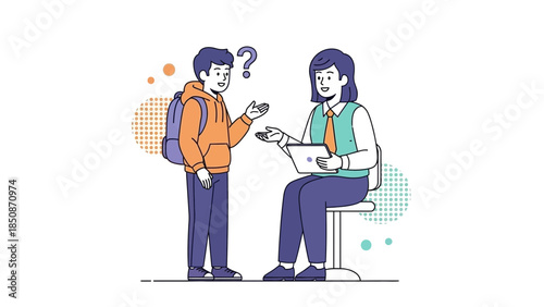 Patient Consultation Illustration Depicting a Young Person Asking Questions to a Healthcare