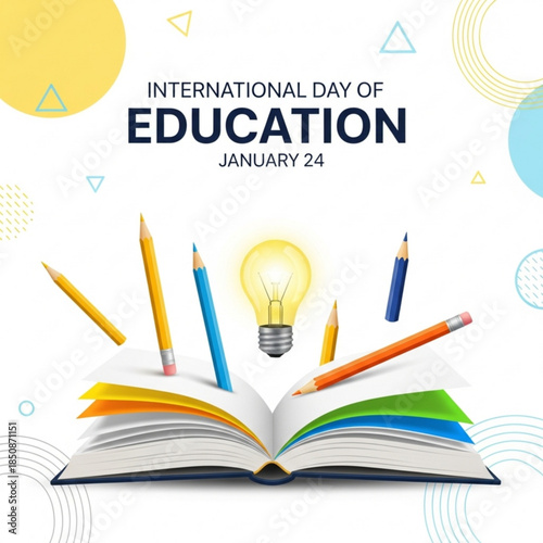 Knowledge's Awakening: Vibrant pencils burst from an open book, accompanied by a radiant lightbulb, symbolizing the illumination and enlightenment that education brings.