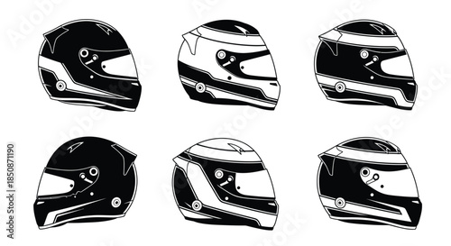 A collection of racing helmets in black and white presented in multiple views