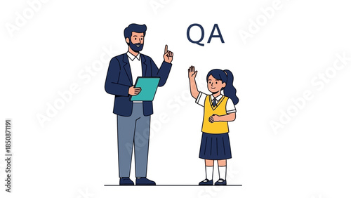 educational cartoon of teacher and student discussing quality assurance in school setting
