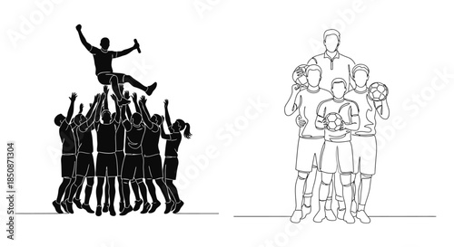 Human pyramid silhouette showing teamwork celebration and a lone figure