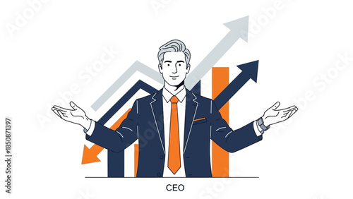Businessman in suit with arms outstretched presenting growth and success metrics