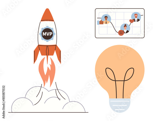 Rocket labeled MVP launching with smoke, customer journey mapping stages, and lightbulb signifying creativity. Ideal for startups, innovation, success, growth, entrepreneurship, product development