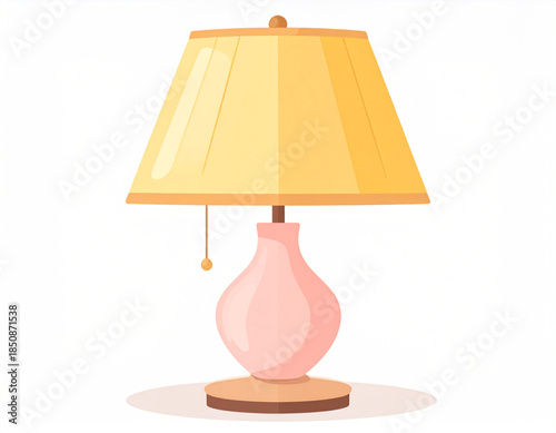 A classic table lamp with a pink ceramic base and a warm yellow pleated fabric lampshade, providing ambient light.