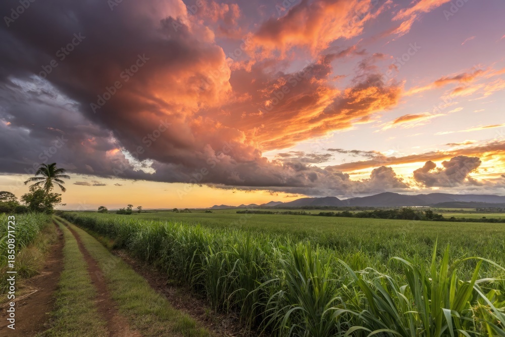 Obraz premium Sunset Over a Sugarcane Field in a Rural Landscape With Clouds and Mountains