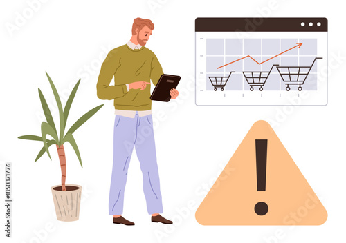 Male professional with tablet evaluating shopping cart growth charts, accompanied by a triangular warning icon and a potted plant. Ideal for analytics, ecommerce, marketing, warning, insights