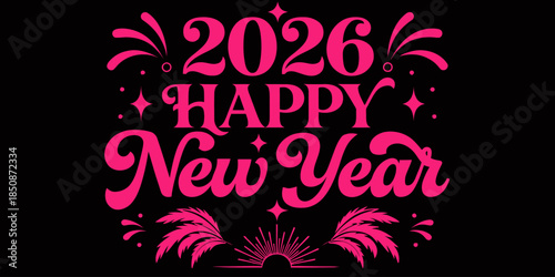 Vibrant 2026 Happy New Year celebration with pink fireworks