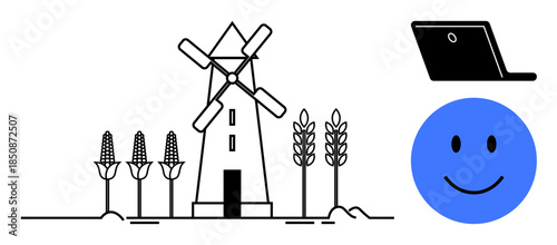 Agriculture and technology concept. Agriculture ed by a windmill and crops, technology by a laptop, and positivity by a blue happy face. Agriculture and modern tools innovation, sustainability