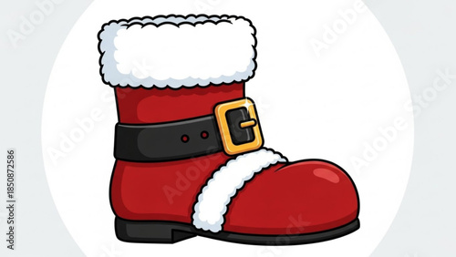 A cartoon illustration of a red santa claus boot with white fur trim and a black belt with a gold buckle on a white background