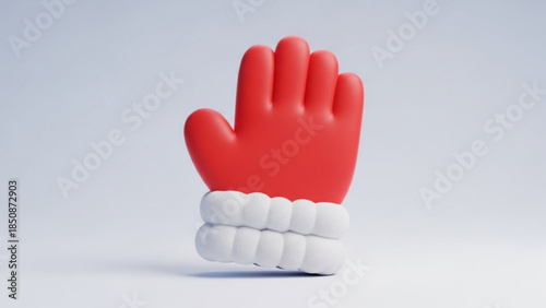 Red rubber glove with white cuff, isolated on gray background, hand gesture, single mitten, smooth surface, studio lighting, minimalistic design