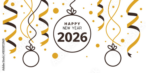 Happy New Year 2026 celebration with gold and black decorations