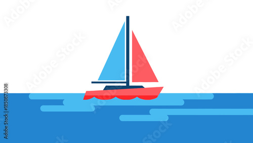 A sleek, modern sailboat glides across calm blue waters under a clear sky