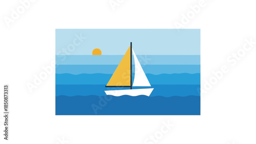 A serene nautical scene with a sailboat gliding across blue ocean waves under a bright sun