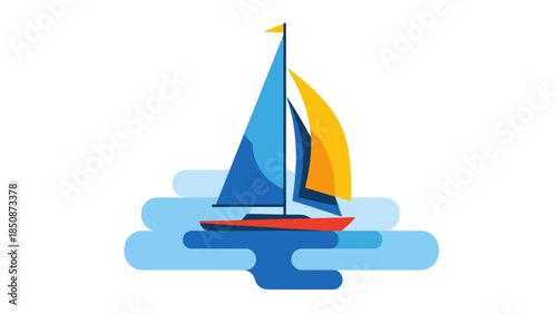 Sailboat sailing on blue water, stylized illustration of a classic sailing vessel with colorful sails and a red hull, representing leisure and nautical adventure